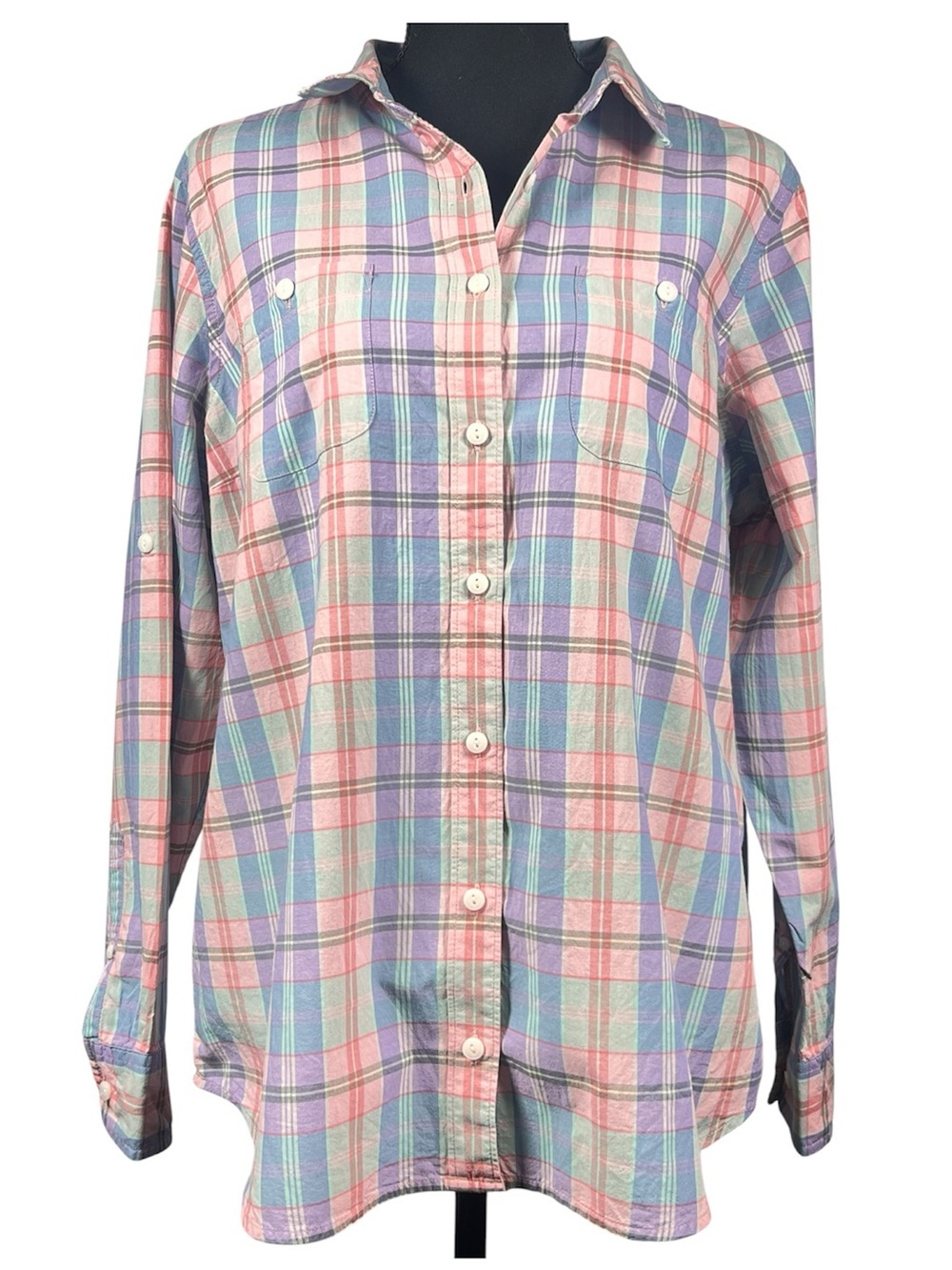 L.L. Bean 100% Cotton Pink and Purple Pastel Plaid Button Down Shirt, Size Large